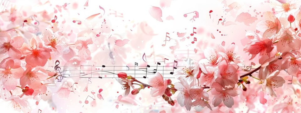  A tight shot of a musical note against a white backdrop, adorned with pink flowers and accompanying music notes, interspersed