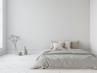 Minimalist bedroom in a luxury property with natural light coming from a window, copy space and minimal ornaments. Residential Real Estate composition in neutral tone.