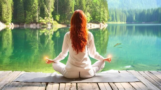 A serene morning meditation session by a tranquil lake. The woman is sitting in a peaceful pose,
surrounded by lush greenery and the calming sounds of nature.
