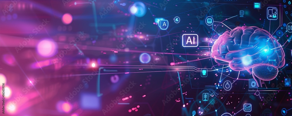 Poster futuristic digital brain with ai technology interface and data visualization