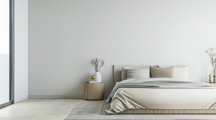 Minimalist bedroom in a luxury property with natural light coming from a window, copy space and...