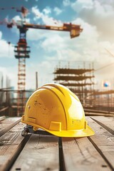 Yellow safety construction helmet on wood table with construction