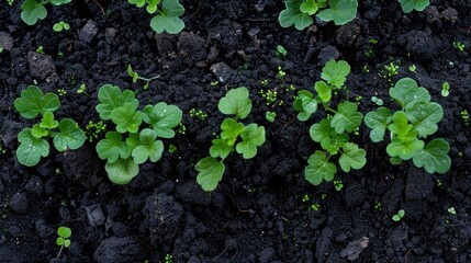 Young green seedlings growing in rich black soil,