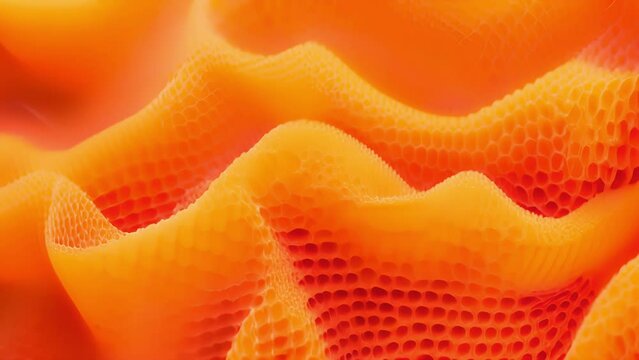 A closeup of bright orange foam padding appearing rough and spongy with visible creases and wrinkles.