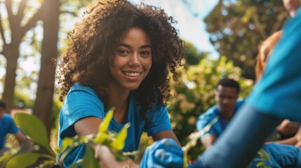 Fototapeta premium Young Volunteer Joyfully Participating in a Community Garden Project