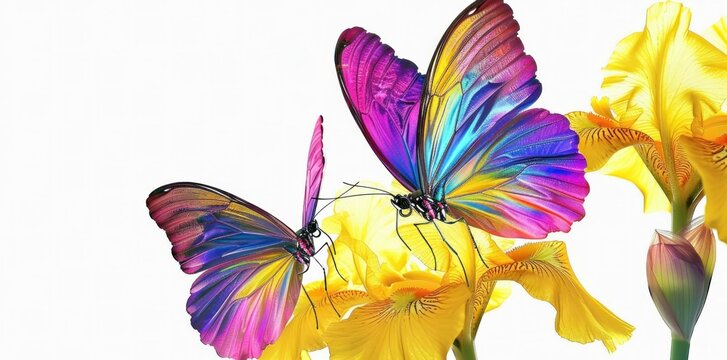 Colorful butterflies resting on yellow iris flowers in a serene garden with white background