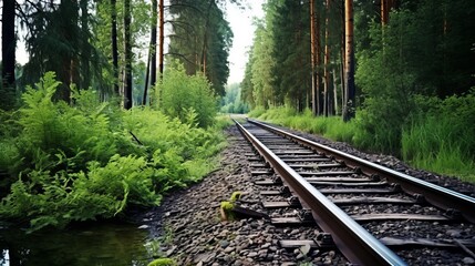 Railroad cutting through forest trees and river on a summer afternoon  travel concept
