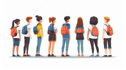 Obraz premium Illustration of a diverse group of school children with backpacks, standing in a row, representing education and youth diversity.