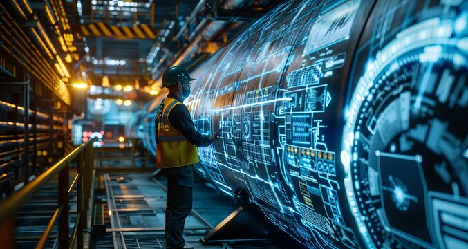 Engineer in futuristic industrial facility interacting with digital interface on machinery