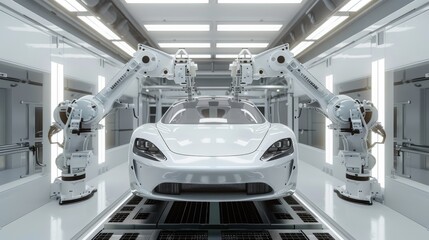 Obraz premium Precision Perfection HighTech Robots Crafting Flawless Car Bodies in StateoftheArt Factory Setting
