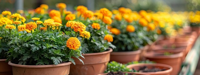  A row of potted plants with yellow and orange flowers in front