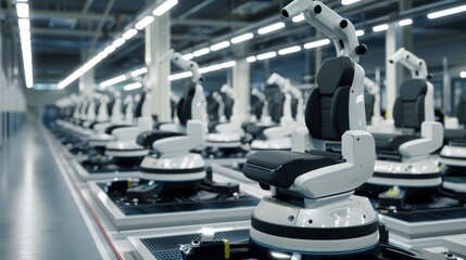 Obraz premium Efficient Automation HighTech Robots Seamlessly Installing Car Seats with Precision and Speed