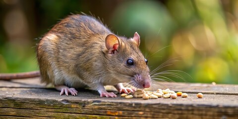 A curious brown rat, Rattus norvegicus, scurries across a wooden platform, munching on scattered birdseed, its whiskers twitching as it savors the unexpected snack.