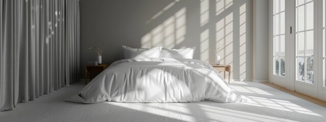  A room featuring a bed with pristine white sheets and plumped pillows, adorned with white curtains framing the window, and a table topped with a table lamp