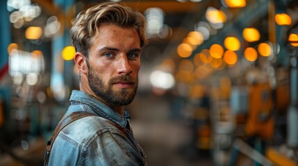male worker stands in a workshop against an industrial background.