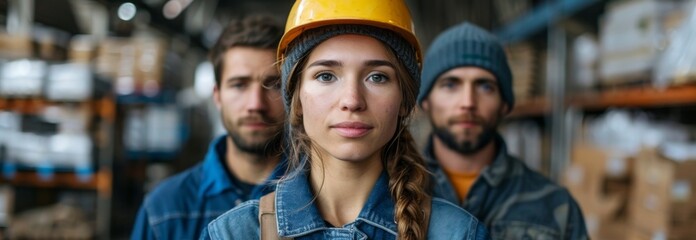 Workers stands in a workshop against an industrial background.