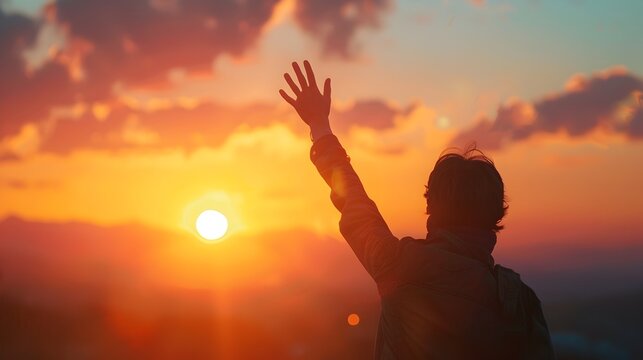 Person Waving Farewell at Sunset with Dramatic Landscape Silhouette