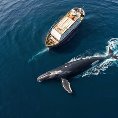 Fototapeta premium A whale swims near the ship