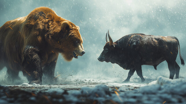 The large bear and the bull are standing face to face, indicating a market with high tension and mixed sentiments, where pessimism and optimism are in direct confrontation. - Powered by Adobe