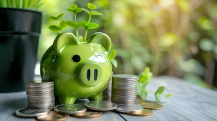 Green piggy bank on a stack of coins, with plants sprouting from its slot, symbolizing sustainable financial success