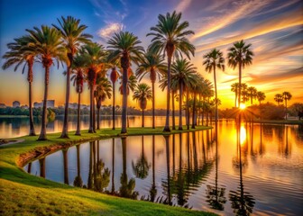 Fototapeta premium Vibrant orange hues illuminate a serene palm tree-lined lake shore at sunset, with warm light casting long shadows in a tranquil Orlando, Florida landscape.
