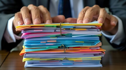 A man is holding a stack of papers with a yellow paper on top
