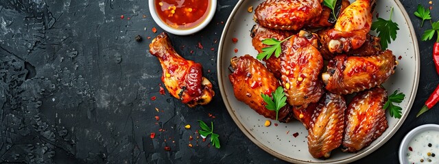  A white plate holds chicken wings, glistening with sauce, garnished by parsley Nearby, a bowl of dipping sauce awaits