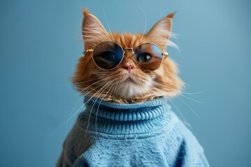 A cat wearing sunglasses and a blue sweater