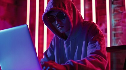 Asian Hacker in Dark Room Using Laptop for Cybersecurity Threat, Generative AI Concept