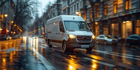 Fototapeta premium White Delivery Van Driving on Wet City Street at Night