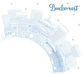 Outline Bucharest Romania City Skyline with Blue Buildings and Copy Space. Bucharest Cityscape with Landmarks. Business Travel and Tourism Concept with Historic Architecture.