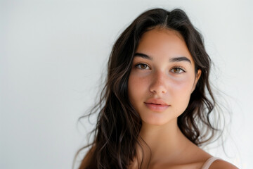 A photograph of a mixed-race woman with European and Latin American heritage, serene pose, straight-on angle, half-body shot. White background. 