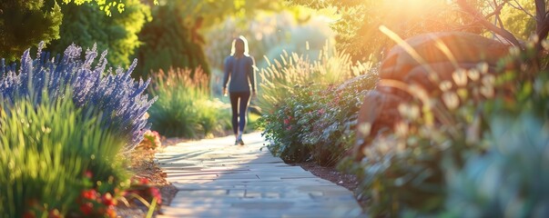 A woman strolls through a park on a sunny day