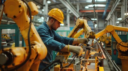 A skilled technical worker man operating robotic arms in an automated production line