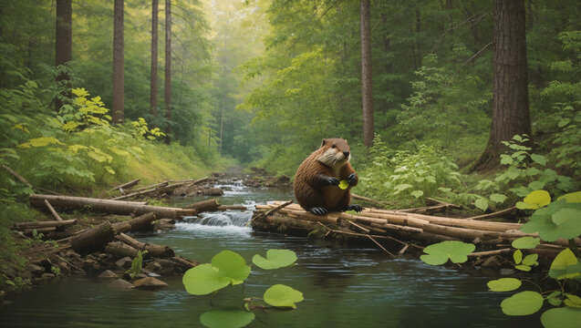 A beaver is sitting on a fallen log in a forest