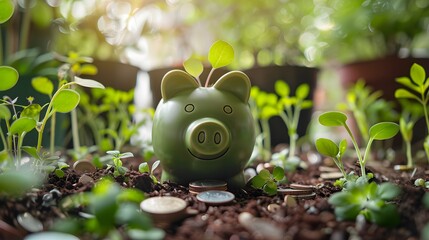 Green piggy bank surrounded by coins, with plants sprouting from its slot, representing eco investment success