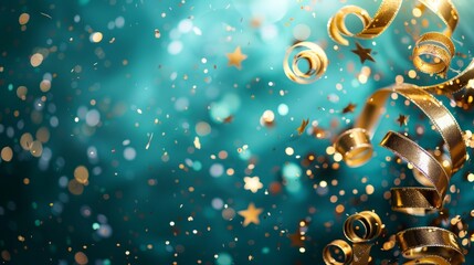 close up on group of gold color of rolling ribbon and confetti on teal background with copy space for christmas festival happy new year ,carnival , birthday and anniversary, concept design