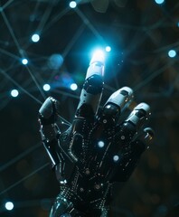 Robotic hand with illuminated fingertip showcasing advanced technology and AI interface