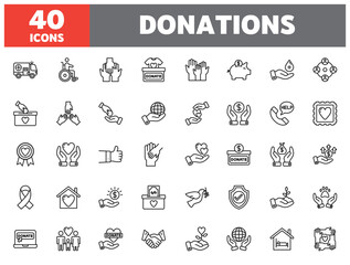 Set of 40 line icons donations. Outline icon collection. Editable stroke. Vector illustration.