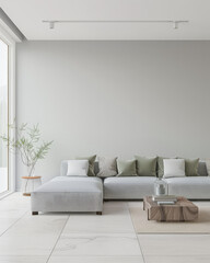 Luxury living room interiors in neutral tones with minimal ornaments and natural window lighting. Interiors composition for property advertising.