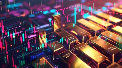 Obraz premium Vibrant Digital Painting of Market Graphs and Gold Bars in Fintech Concept