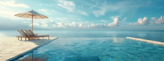  Two lounge chairs atop a pool, adjacent to a large expanse of water beneath a cloud-studded blue sky