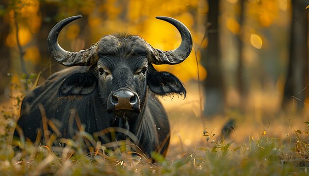 African buffalo (Bubalus bubalis) in the autumn forest