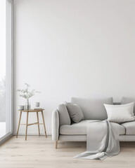 Luxury living room interiors in neutral tones with minimal ornaments and natural window lighting. Interiors composition for property advertising.