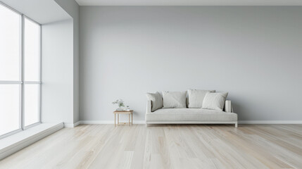 Luxury living room interiors in neutral tones with minimal ornaments and natural window lighting. Interiors composition for property advertising.