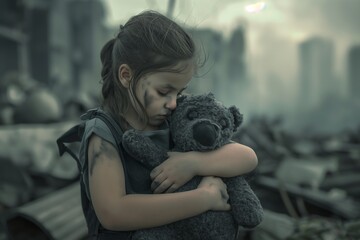 little girl with stuffed animal in the war zone in realistic by generative ai