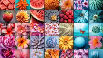 Vibrant collage of various flowers, fruits, and nature elements in colorful close-up shots