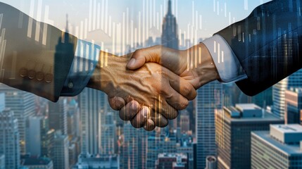 Business handshake and upward graphs represent growth and collaboration in a thriving urban environment.