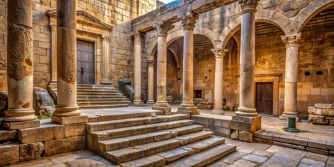 Ancient Roman courtyard with stone columns, stairs, and judgement seat, symbolizing the site of Jesus's sentencing by Pontius Pilate, with a sense of dramatic sorrow.