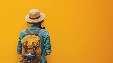 A distinctive portrait of a traveler with a camera head, standing in front of a solid color background The image blends the human form with the technological element of a camera, showing the subject